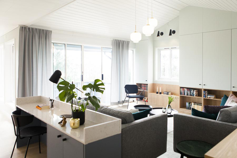 Stue med smarte soner. tid for hjem løser utfordringen med møblering. På stue sammen