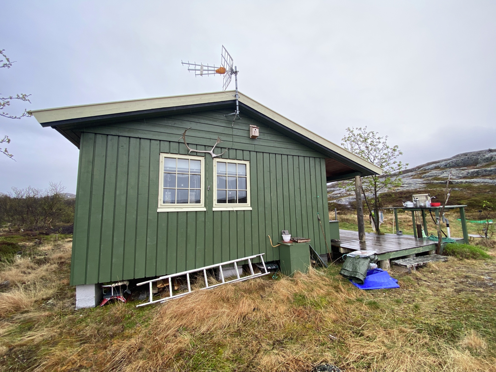 Før-bilde av grønn hytte på Bugøynes i Eventyrlig Oppussing