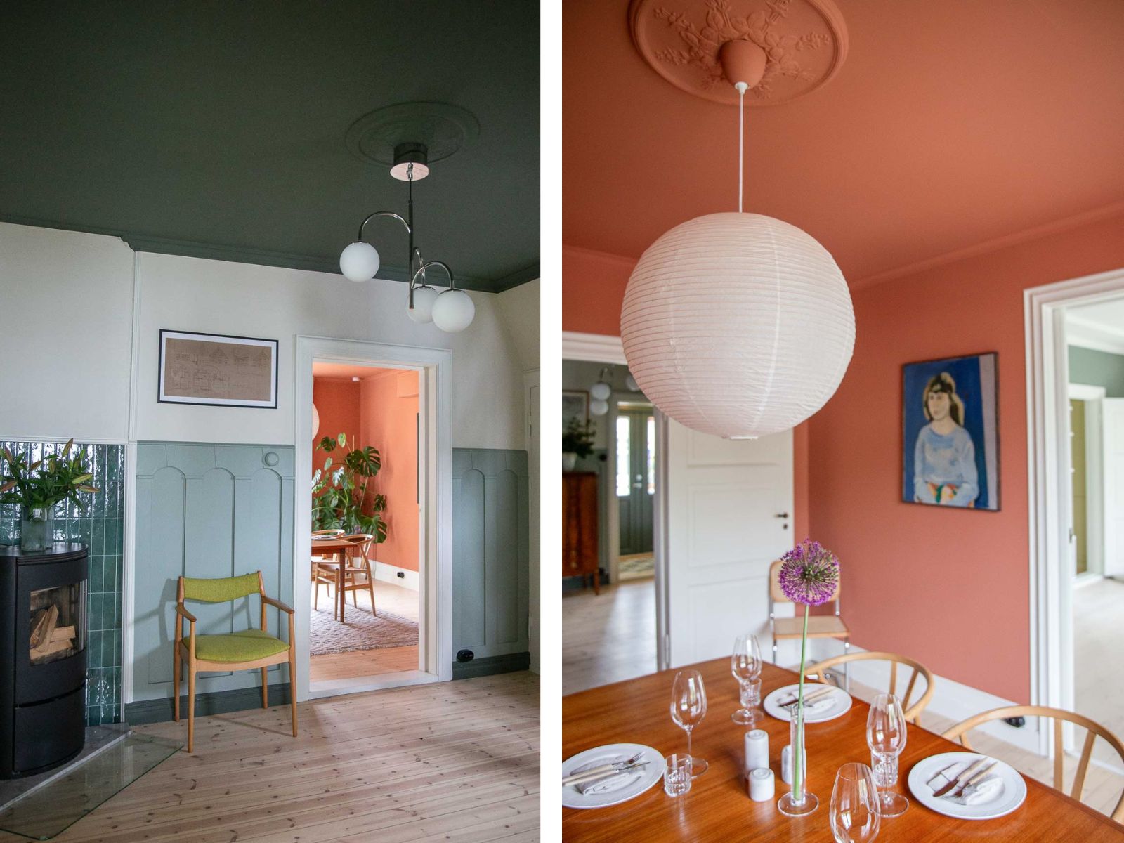 Collage av hall med grønnmalt tak, spisestue med korrallfargede tak og vegger. Jotun LADY Northern Mystic, Muted Coral.